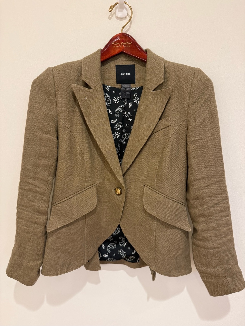 SMYTHE Linen Duchess Blazer Camel Gold Button Tailored Jacket Size 7
